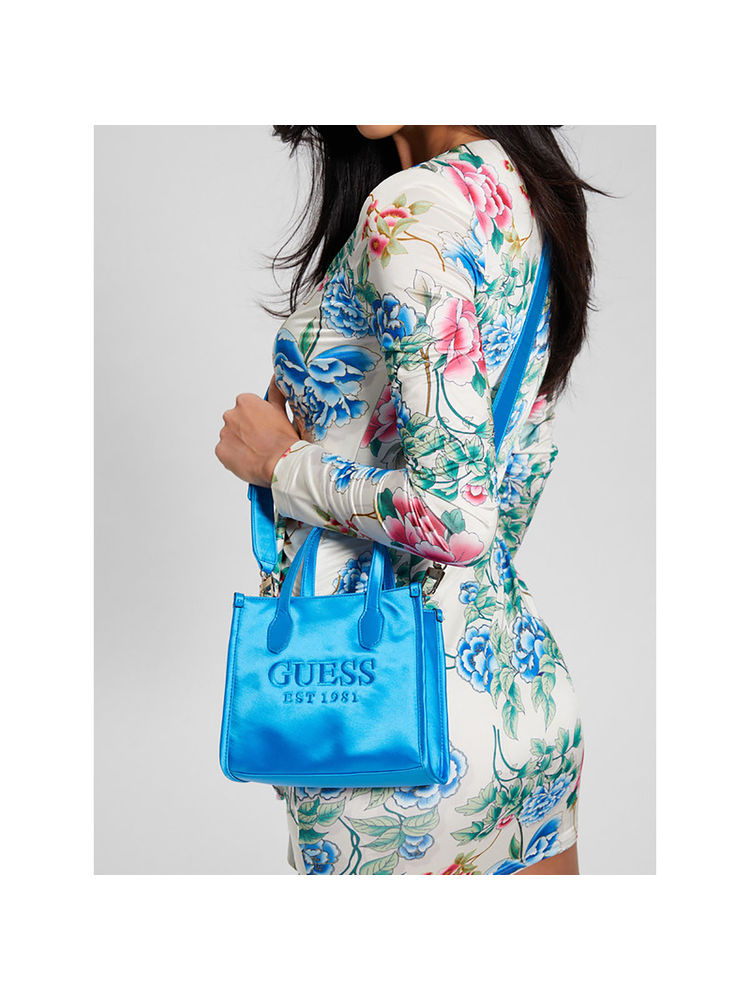 Guess Blue Brand Logo Silvana 2 Compartment Mini Tote Bag with Detachable Strap-image-8