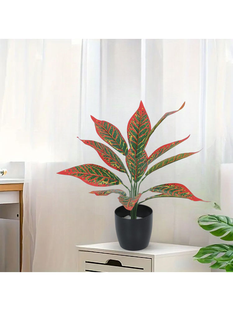 Home Bloom Beautiful Artificial Red Croton Plant Mini Bush Basic Black Pot Interior-picture-21
