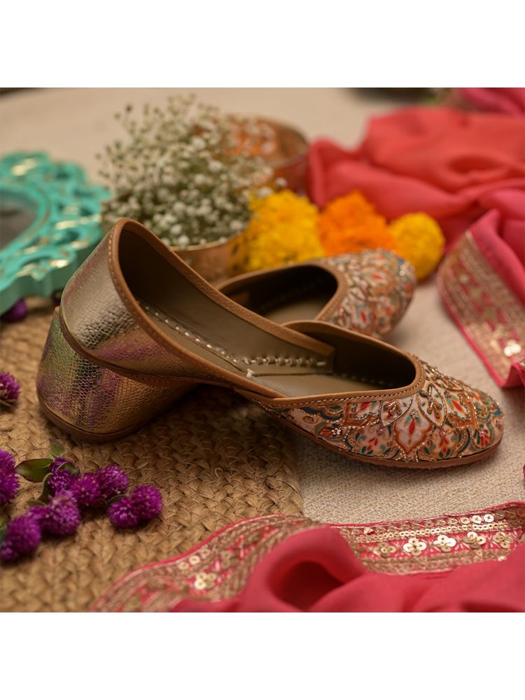 Coral Haze Ivory Juttis with Multi Colored Mandala Print