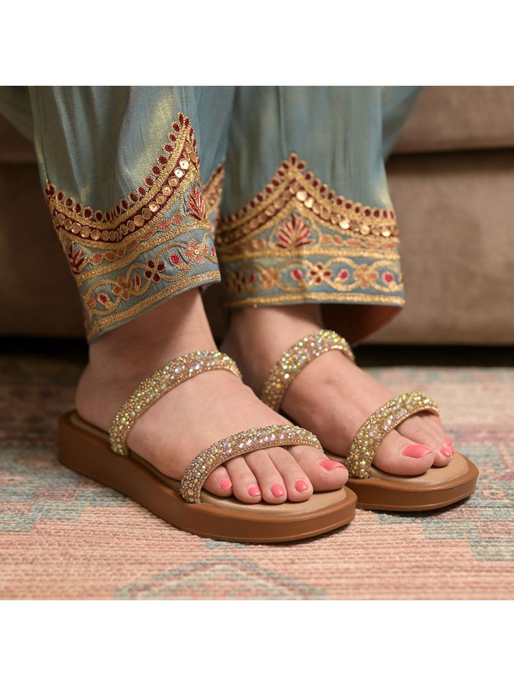 Coral Haze Gold Thick Rhinestone Double Strap Platform Sandals-image-47