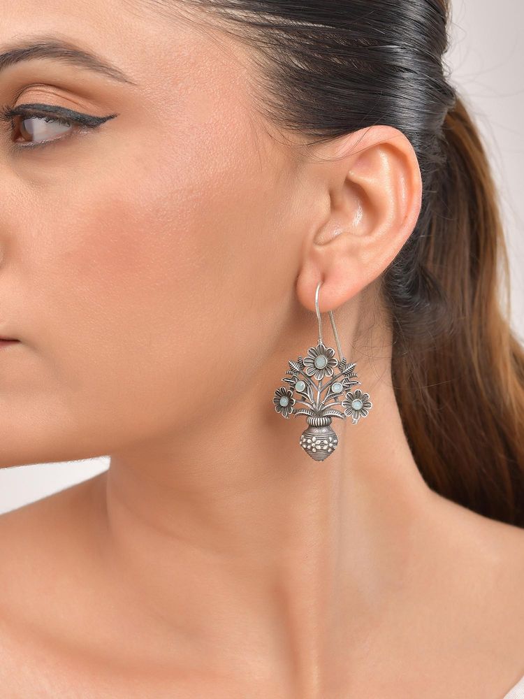 VOJ Silver Plated Floral Shaped oxidized Drop Earrings-picture-23