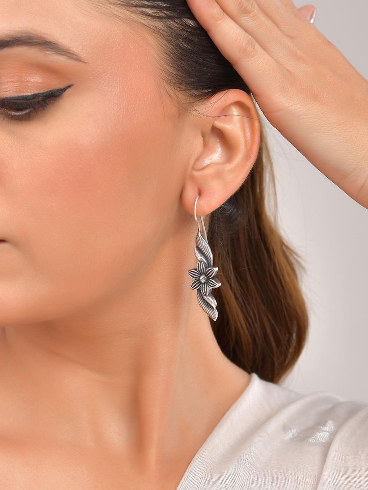 VOJ Silver Plated Floral Shaped Drop Earrings-picture-22