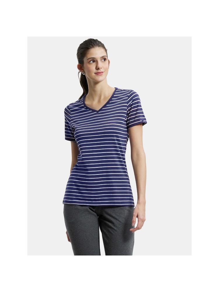 Jockey AW22 Women Cotton Elastane Regular Fit Striped V Neck T-Shirt - Classic Navy-image-5