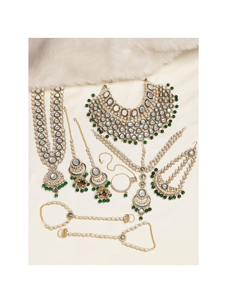 Karatcart Gold Plated Green Polki Ethnic Indian Traditional Kundan Dulhan Bridal Jewellery Set-picture-12