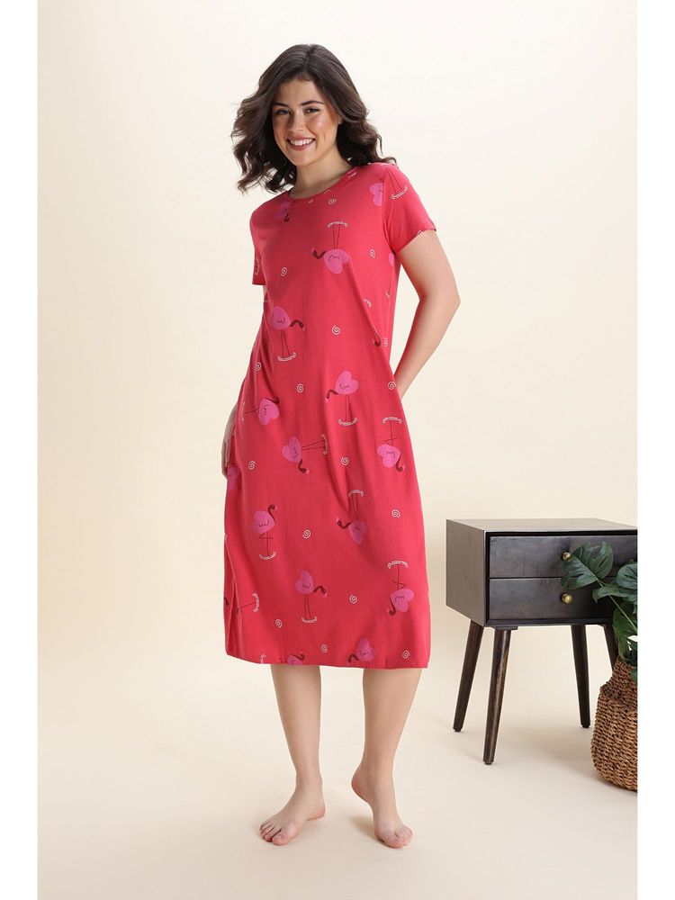Zivame Red Knit Cotton Mid Length Nightdress-image-1