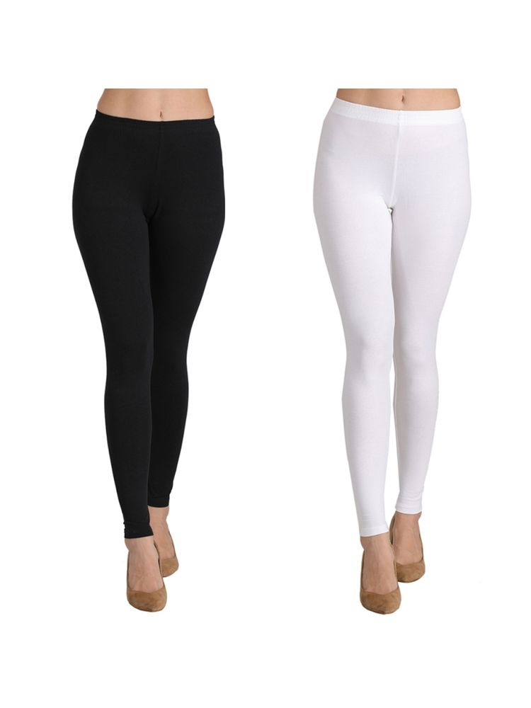 Groversons Paris Beauty Ankle Length Women's Solid Leggings Pack Of 2 - Black, White-picture-15