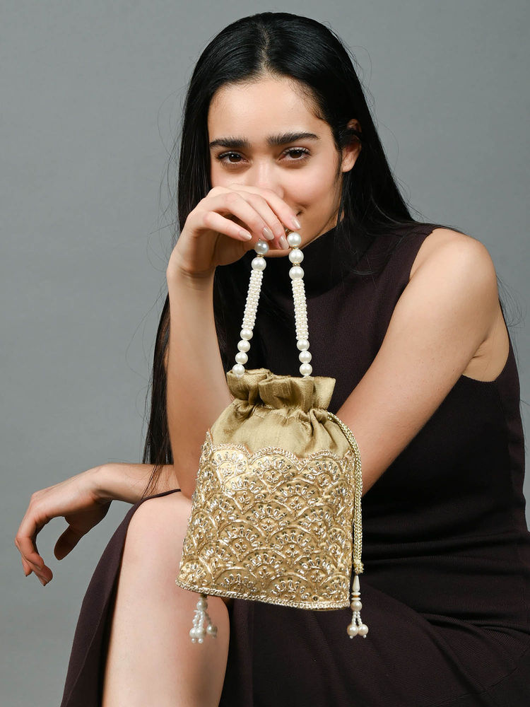 Odette Gold Polyester Potli Bag-image-11