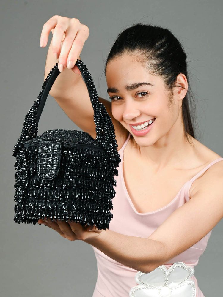 Odette Black Suede Embellished Potli Bag-image-19