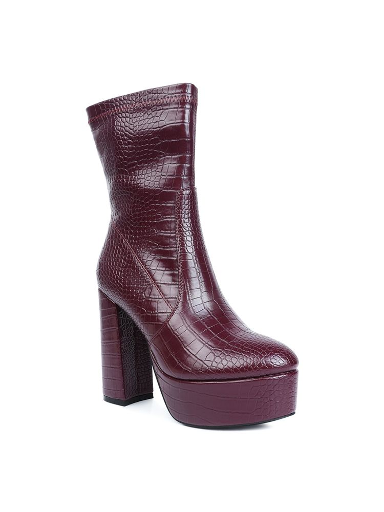London Rag Burgundy Feral High Heeled Croc Pattern Ankle Boot-image-30