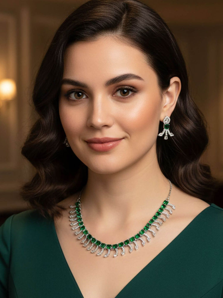 Niska Rhodium-Plated Brass Green Sapphire Cubic Zirconia Necklace Set-image-21