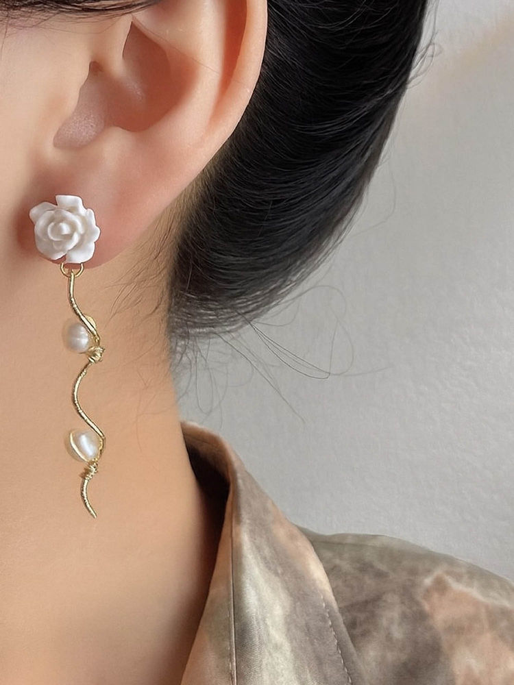 ISHKAARA White Rose Pearl Drops Earrings-image-36