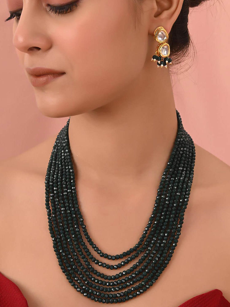 Ratnavali Jewels Three Layer Green-Colour Dyed Beads Kundan Necklace Set-image-46
