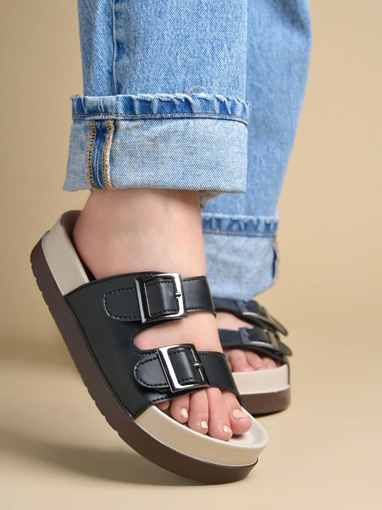 Shoetopia Women Black Dual Buckle Comfort Sandals