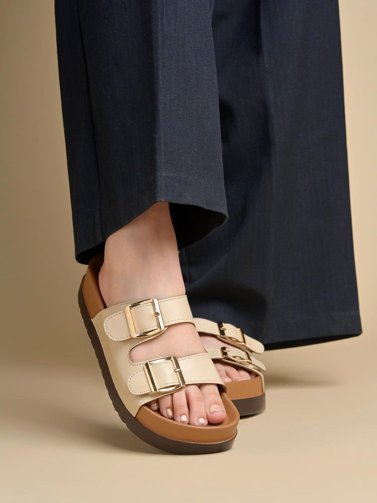 Shoetopia Women Cream Dual Buckle Comfort Sandals-image-31