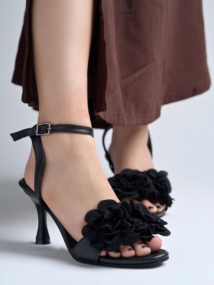 Shoetopia Women Black Flower Stiletto Heels-picture-10