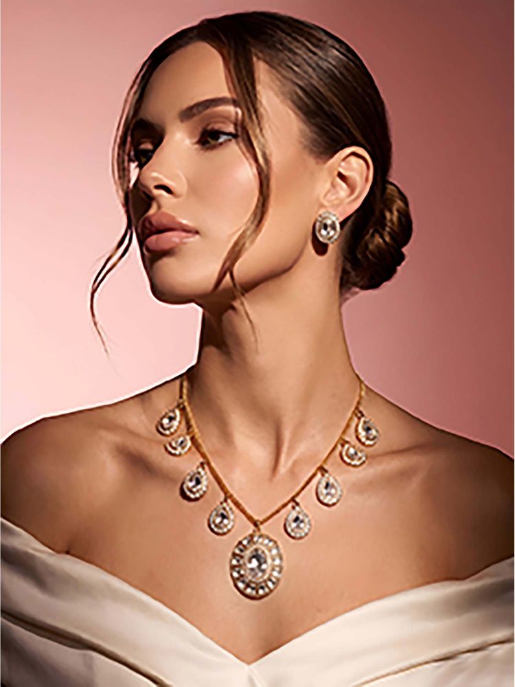 ADIVA 1 Gram Gold Plated Polki Kundan AD Stone Round Statement Pendant Necklace Set-picture-30