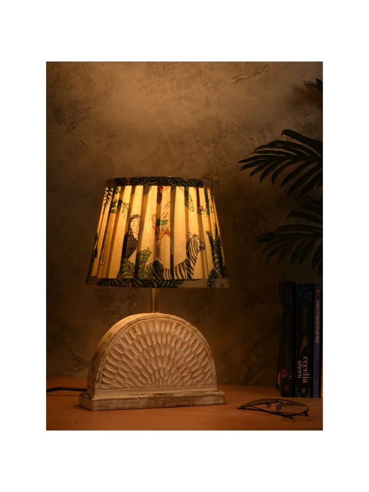 Green Girgit Wooden Half Moon White Base with Pleated Green Lamp Shade-image-4