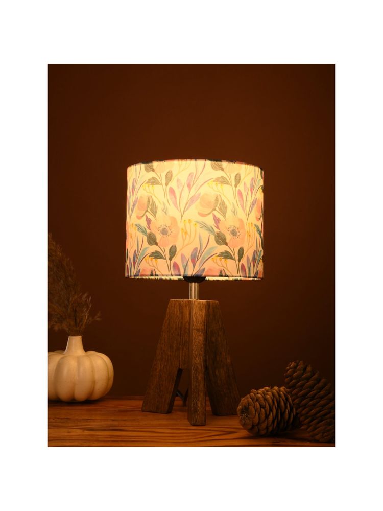 Green Girgit Wooden Three Leg Small Lamp with Pink Flower Multi-Color Shade-image-24