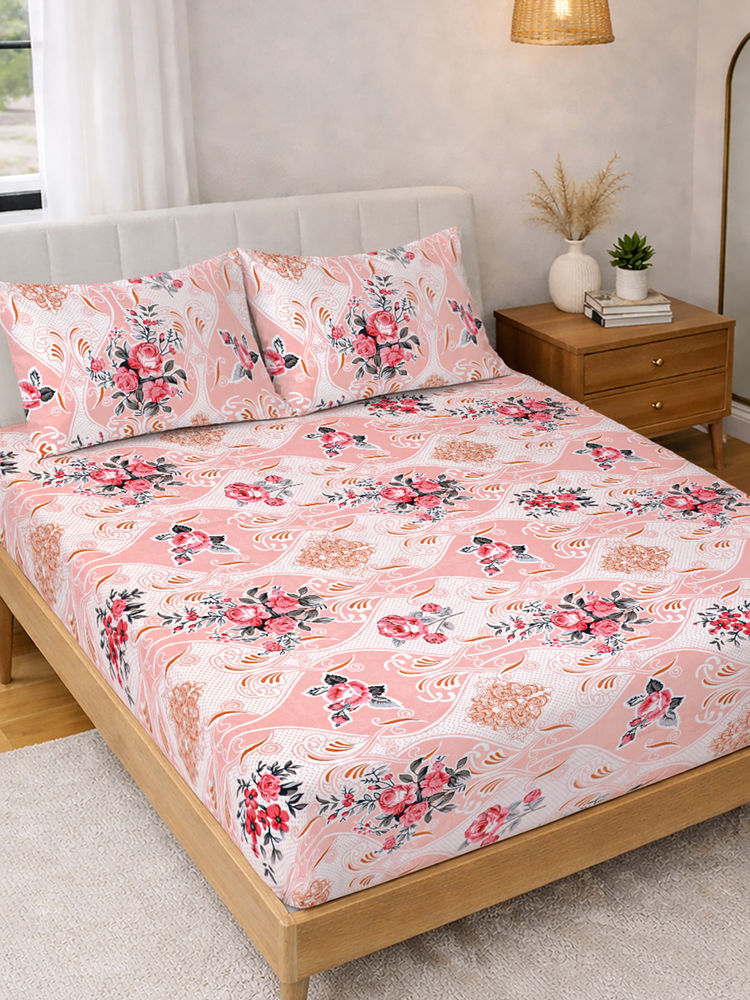 FABINALIV Pink Floral 300 Tc Polycotton Fitted Bedsheet with 2 Pillow Covers (King)-image-33