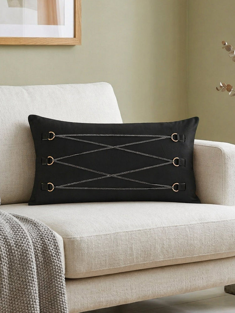 Zeba World Leather Buckle Detail Black Cushion Cover (12 x 22 Inches)-image-14