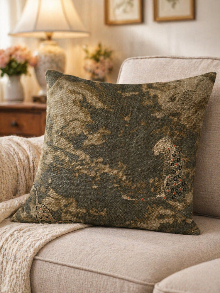 Zeba World Brown Rustic Embroidered Linen Cushion Cover (16 x 16 Inches)-image-28