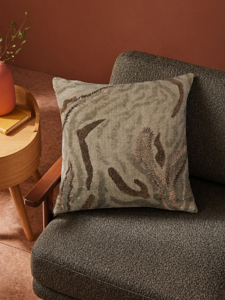 Zeba World Brown Textured Embroidered Linen Cushion Cover (16 x 16 Inches)-image-19