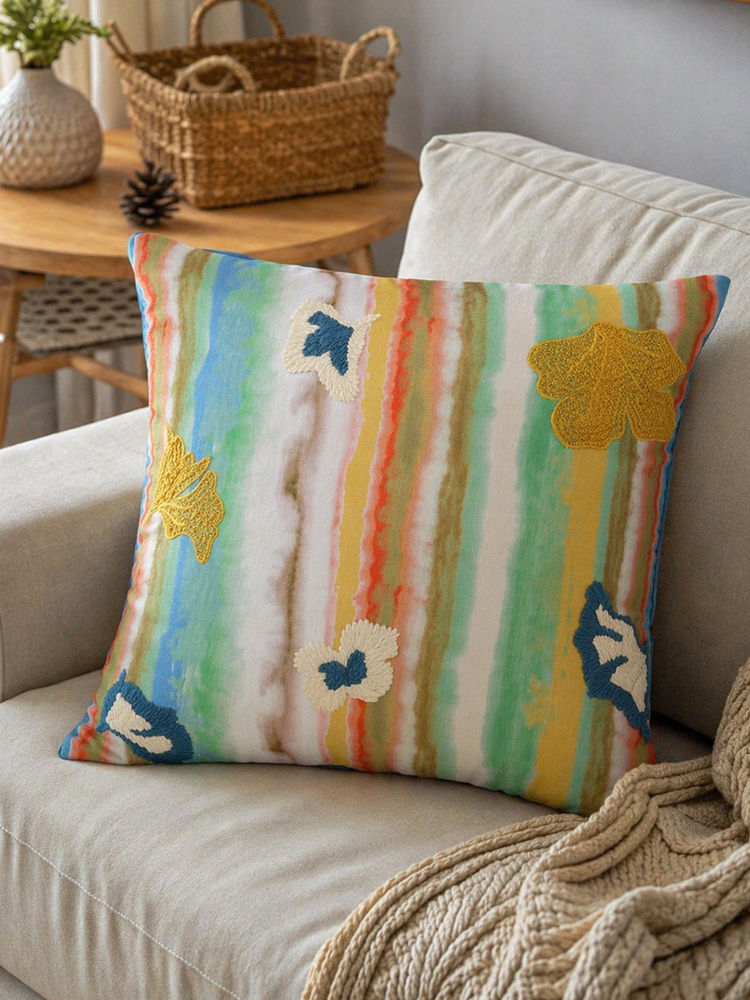 Zeba World Multi-Color Abstract Leaf Reversible Square Cushion Cover (16 x 16 Inches)-image-34