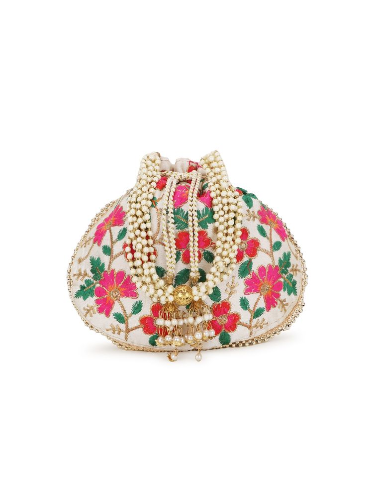 Anekaant Dangle Cream and Multi Floral Embroidered Faux Silk Potli-image-20