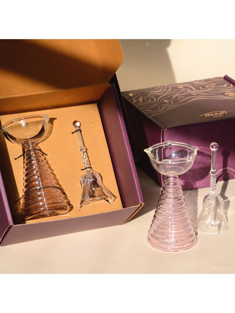 Muun Home Glass Tall Diya & Ringing Bell - Pink-image-4