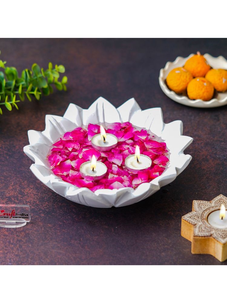 eCraftIndia White Beautiful Decorative Lotus Urli Bowl For Home Decor-picture-31