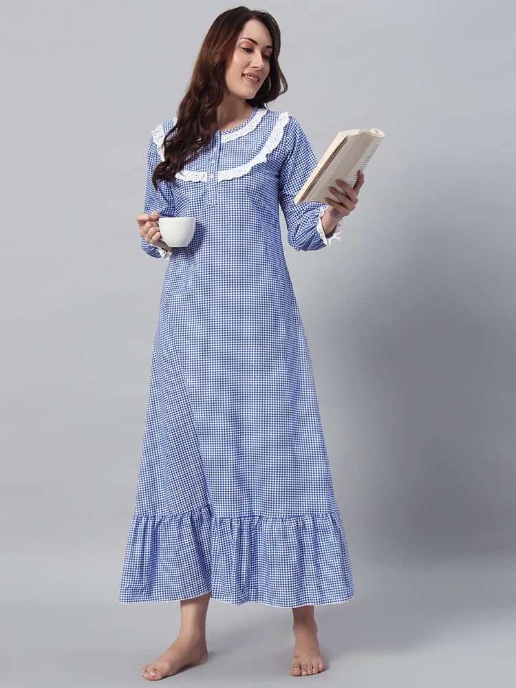 SEPHANI Blue Checks Regular Nightdress-image-7