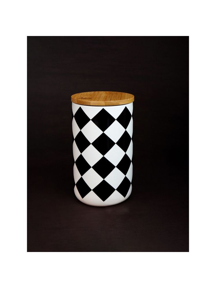 Ekhasa Ceramic Jar With Bamboo Lid Black &White Diamond Pattern 1000Ml-image-2