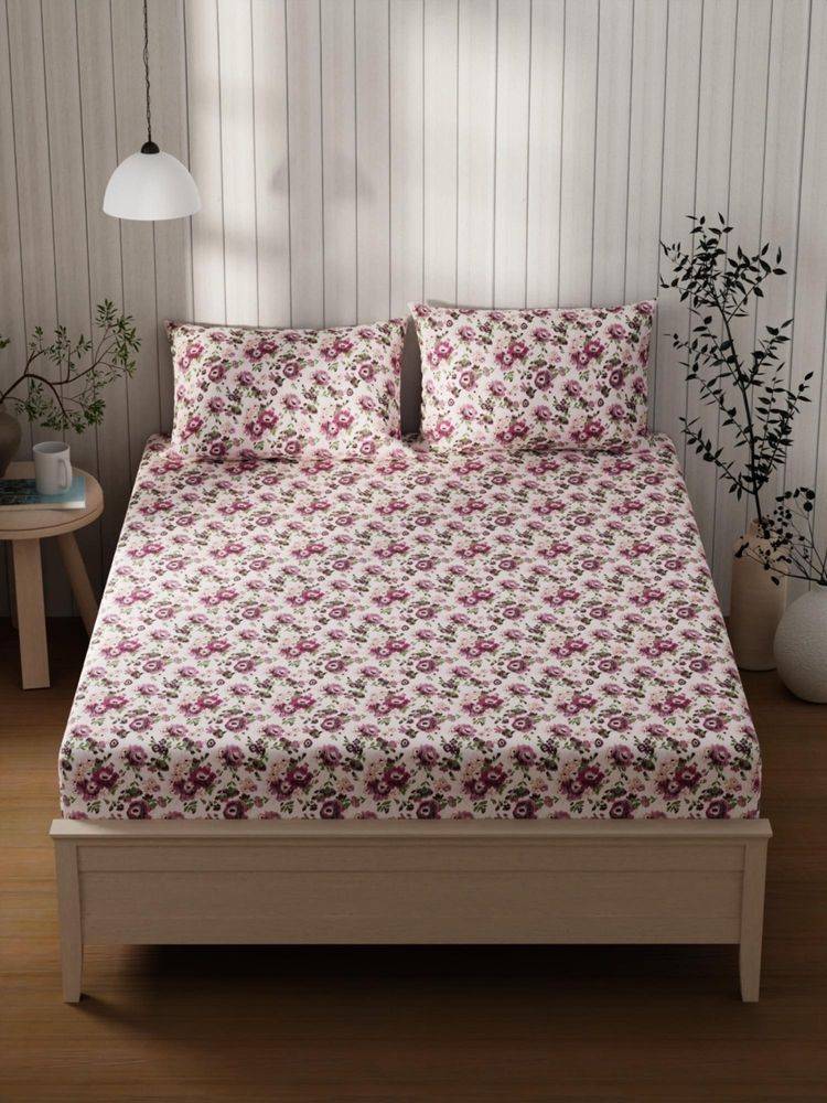 KOPA Purple Floral Cotton Bedsheet with 2 Pillow Covers (Double)-picture-0