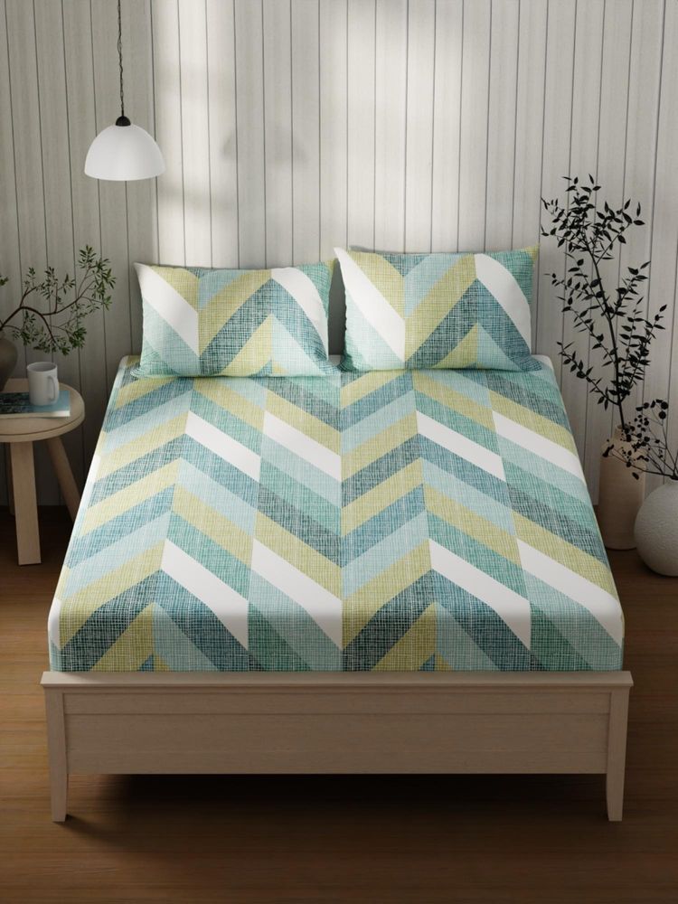 KOPA Blue Geometric Cotton Bedsheet with 2 Pillow Covers (Double)-picture-8