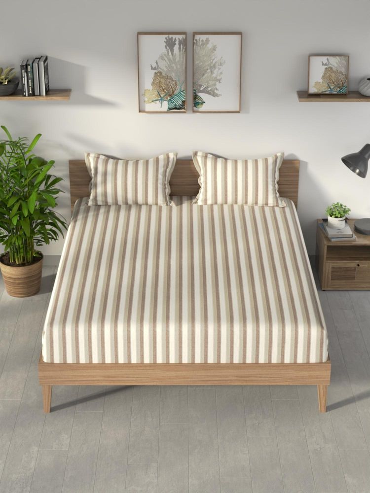 Nautica Brown Stripe Cotton Fitted Bedsheet with 2 Pillow Covers (King)-image-34