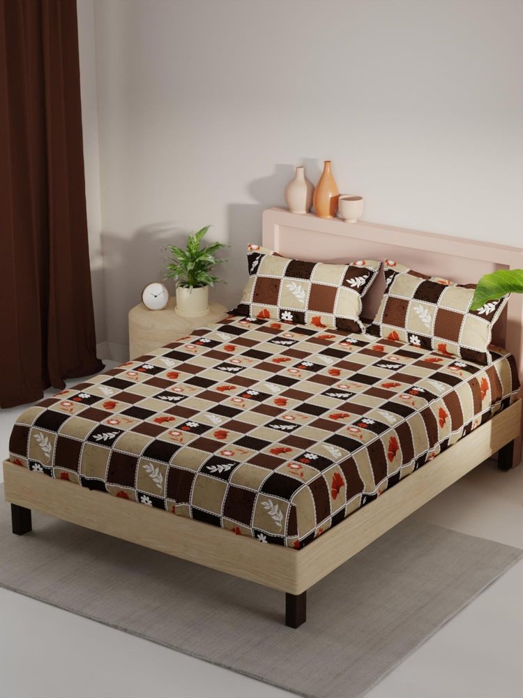 KOPA Brown Floral Micro Fabric Bedsheet with 2 Pillow Covers (Double)-picture-31