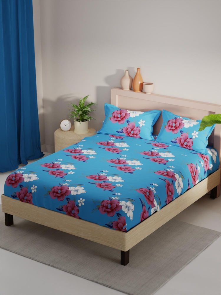 KOPA Blue Floral Micro Fabric Bedsheet with 2 Pillow Covers (Double)-picture-10