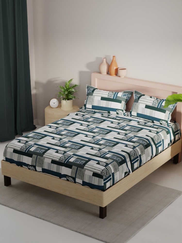 KOPA Teal Geometric Micro Fabric Bedsheet with 2 Pillow Covers (Double)-picture-16
