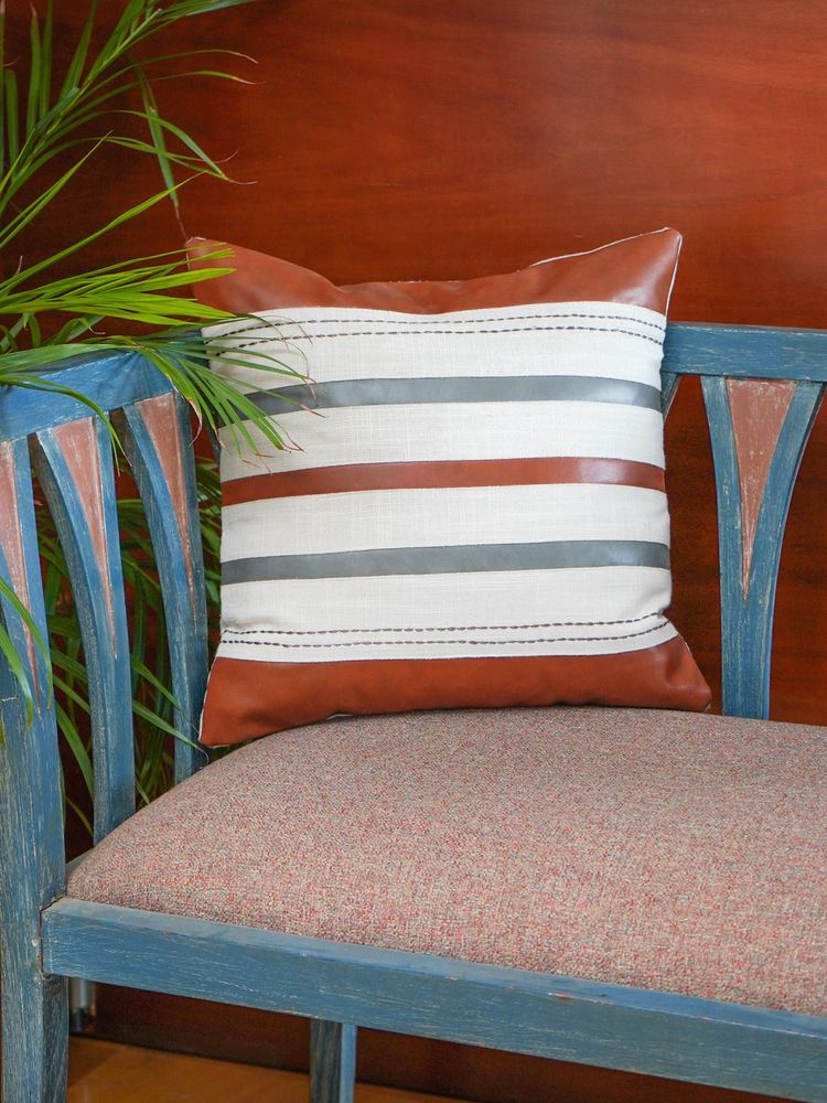 Zeba World Beige Patchwork & Machine Thin Line Leather Cushion Cover (16 x 16 Inches)-image-7