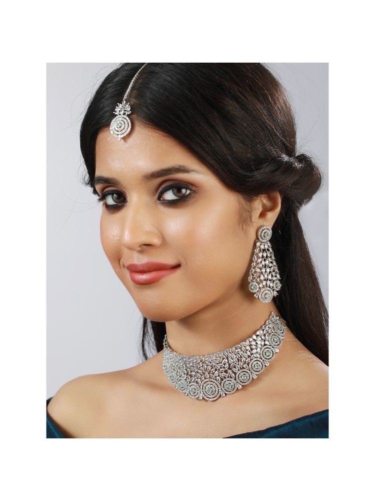 Aatmana Silver Plated Green American Diamond CZ Studded Necklace Set with Maangtikka-picture-18