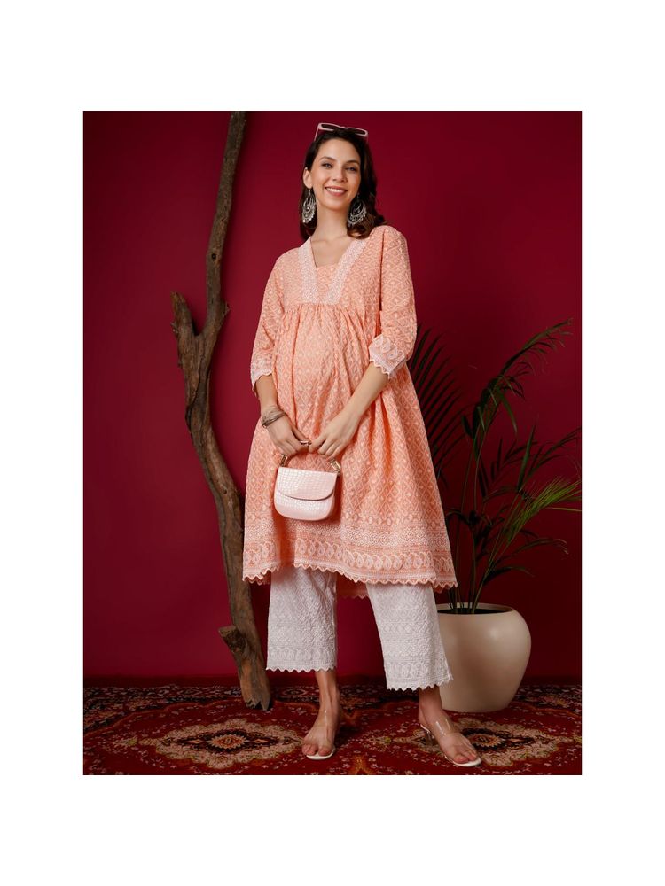 Angloindu Coral Embroidered Kurta with White Maternity Pyjama (Set of 2)-image-10