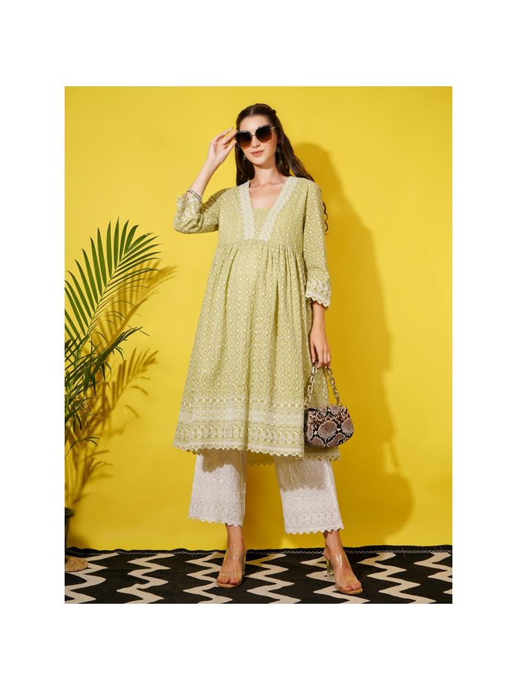 Angloindu Green Embroidered Kurta with White Maternity Pyjama (Set of 2)-picture-27