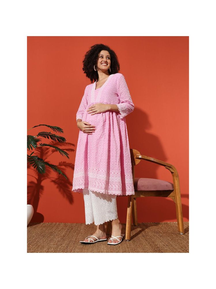 Angloindu Pink Embroidered Kurta with White Maternity Pyjama (Set of 2)-image-5
