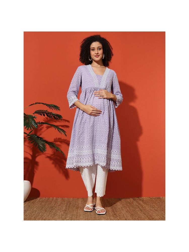 Angloindu Purple Embroidered Kurta with White Maternity Pyjama (Set of 2)-picture-10
