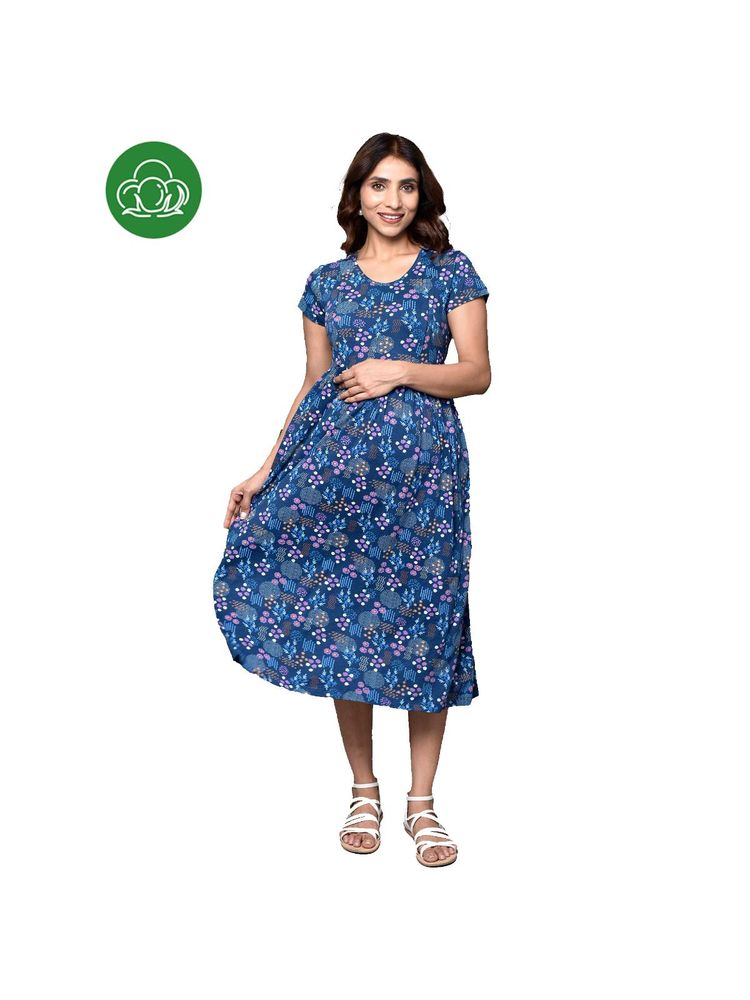 Inner Sense Organic Cotton Maxi Length Maternity Dress with Short Sleeves Blue-picture-27