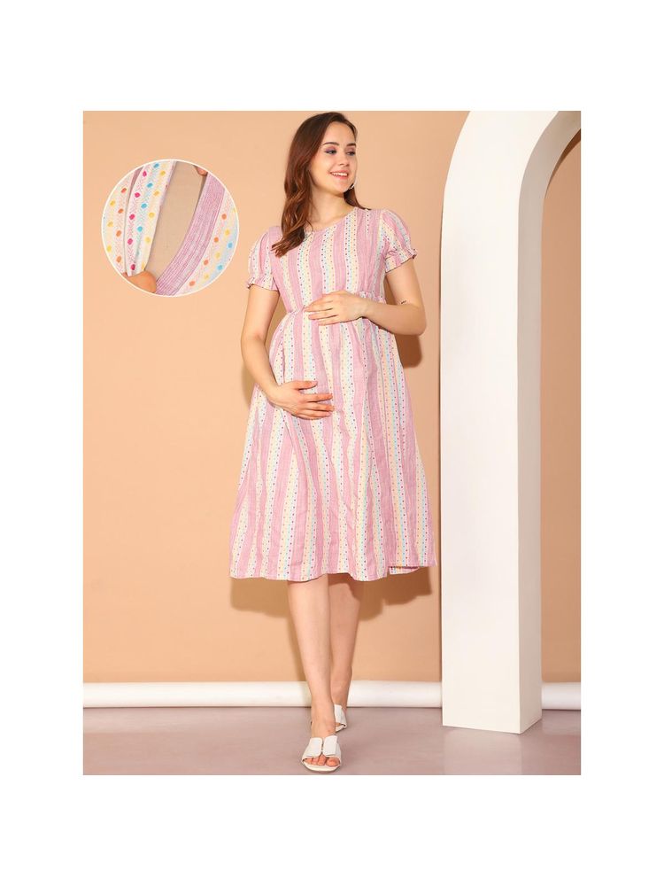 Moms Maternity Womens Ikkat Print Khadi Cotton Pink Maternity Dress Pink-picture-20