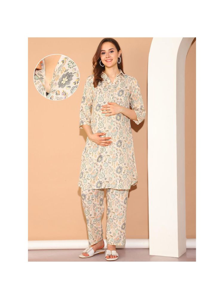 Moms Maternity Womens Cotton Slub Collar Maternity A-Line Kurta with Trousers Beige (Set of 2)-picture-17