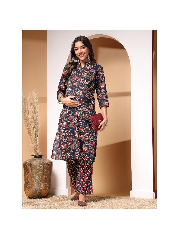 Zelena Women Cotton Printed Maternity Zipless Feeding Kurta with Pant Navy Blue (Set of 2)-picture-15