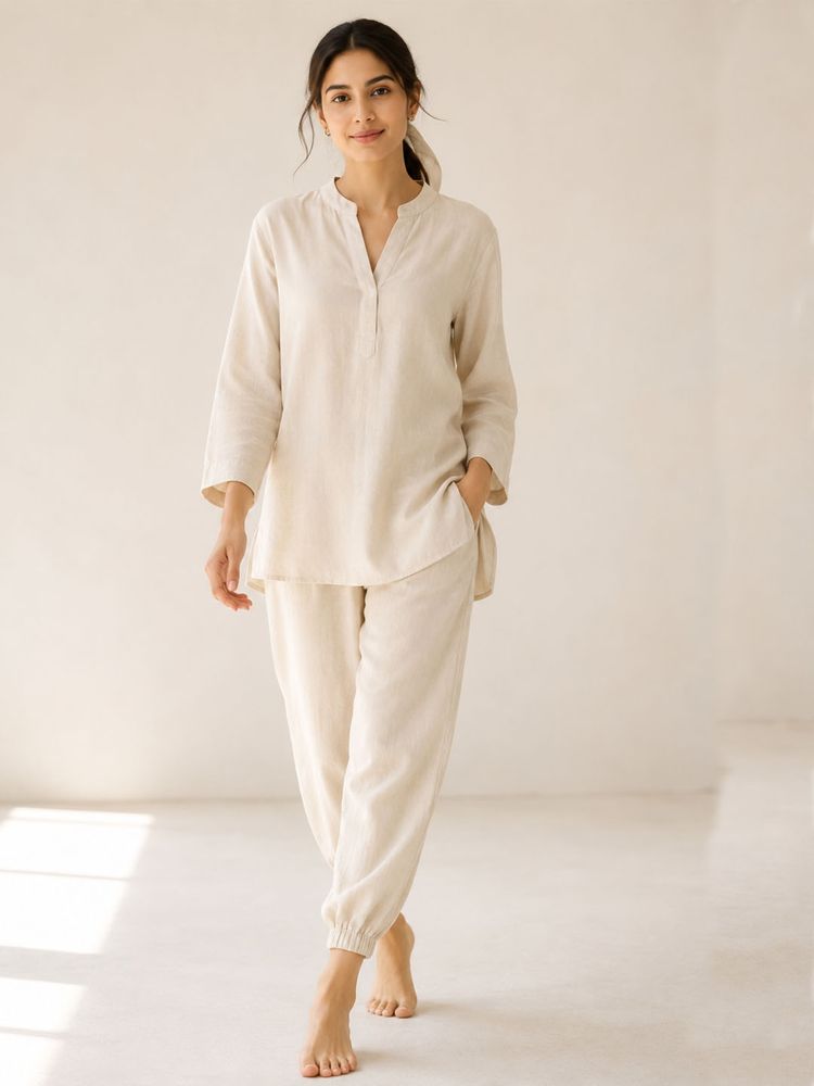 Noite Luxe Cream Birch Slow Living Linen Blend Lounge Kurta with Pyjama-picture-20