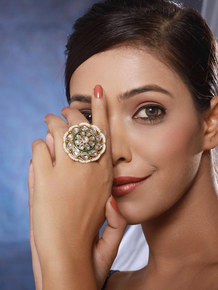Gahan Gold-Plated Green Kundan Studded & Pearl Beaded Adjustable Finger Ring-picture-14